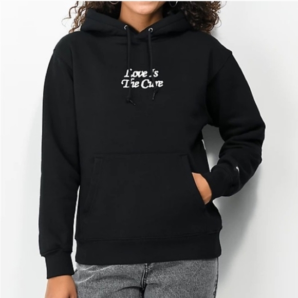Obey Hoodie L Black Graphic Print Fleece Love Is The Cure Logo Pullover - Picture 1 of 7